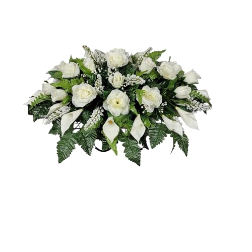 Cemetery Saddle for Headstone - Realistic Silk Faux Floral Artificial Grave Flowers - Headstone Flower Saddle with Cream Roses and Calla Lilies