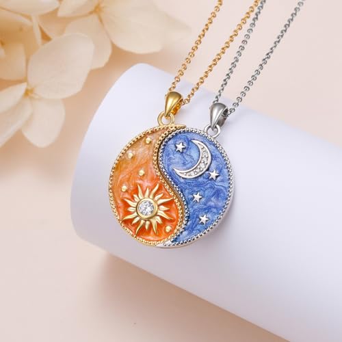FLYOW S925 Sterling Silver Best Friend Couple Pendant Friendship Sun Moon Lotus Yin Yang Matching Bff Necklace for Women Jewelry - style: Sun Moon Yin Yang