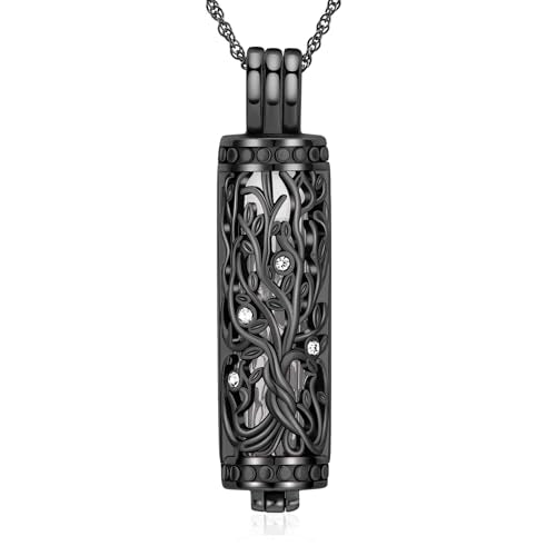 Tree of Life Urn Necklace for Women Men Cylinder Bar Memorial Ash Pendant | Tree of Life Cremation Jewelry,Stainless Steel Keepsakes Necklaces,Vial Ashes Pendant - color: Black