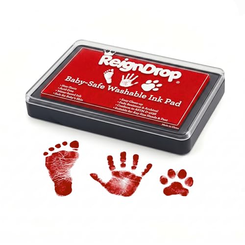 ReignDrop Baby Ink Pad for Hand and Footprints, Non-Toxic Acid-Free Keepsake Kit, Smudge-Proof Archival Ink Wipes Off Skin, for Scrapbook, Photo Album, Frames & Pet Paws, Baby Gift (Red) - color: Red