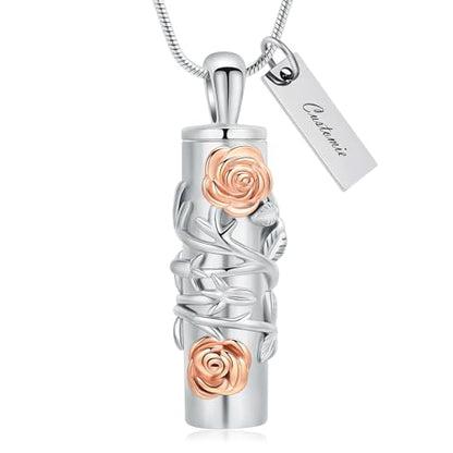 Cylinder Urn Necklace for Ashes Roseflower Cremation Jewelry Urn Ashes Necklace for Women Men Memorial Keepsake Necklace of Loved One - color: Customzie
