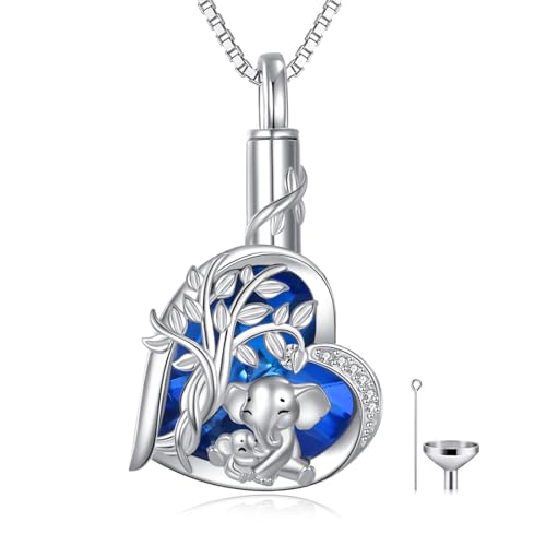 925 Sterling Silver Urn Necklace for Ashes, Teardrop/Tree of Life/Sunflower/Dragonfly/Sea Turtle/Celtic Knot/Elephant/Hummingbird Memorial Cremation Pendant Necklaces for Animal Human Ashes - color: K1: Elephant (Blue Crystal