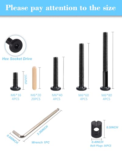Crib Screws Hardware Replacement Kit - 16 Set Baby Bed Frame Bolts,Barrel Nuts&Wooden Dowel Pins Set - M6x16/40/60/80 mm Hex Drive Socket Cap Screws Nuts for Beds Headboards Chairs Furniture