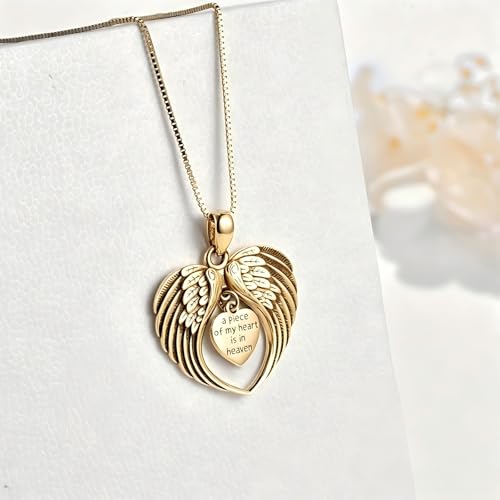 TUGHRA Memorial Necklace for Women Men, Angel Wings Heart Pendant 925 Sterling Silver A Piece of My Heart Is In Heaven Charm Necklace Sympathy Gift - style: 01-Angel Gold