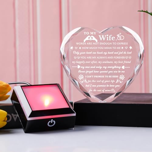 Arikyrist Romantic Wife Gifts from Husband with Colorful LED Base Anniversary Birthday Gift for Wife Crystal Keepsake I Love You Gifts for Her on Mothers Day Valentine Christmas - style: Wife Gifts + Light Base