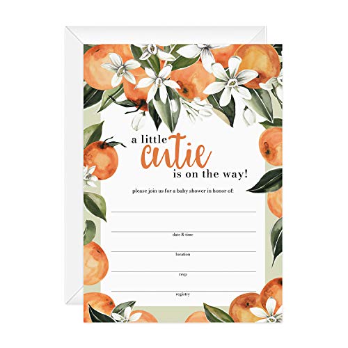 Canopy Street Little Cutie Baby Shower Invites / 25 Baby Shower Invitation Cards With White Envelopes / 5" x 7" Citrus Clementine Fruit New Baby Party Invitations/Fill In Gender Neutral Invite Cards - color: Little Cutie