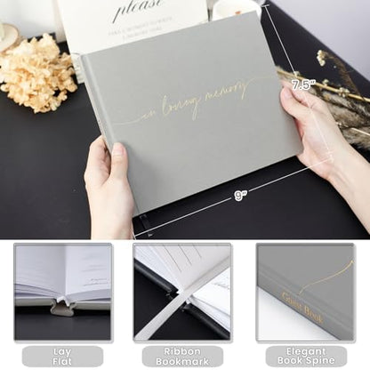 Funeral Guest Book for Memorial Service, in Loving Memory 9x7.5 | 320 Entries, Table Sign Card Included, Gold Stamping, Twill-Textured Paper Cover, Celebration of Life Keepsake, Gray - color: Gray