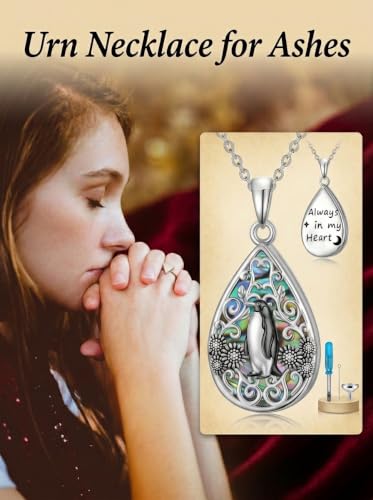 WINNICACA Urn Necklaces for Ashes 925 Sterling Silver Butterfly Hummingbird Dragonfly Teardrop Ash Necklace Cremation Jewelry Urn Pendants for Women Memorial Gifts for Birthday Christmas Funeral - style: 15-Penguin Urn Necklace