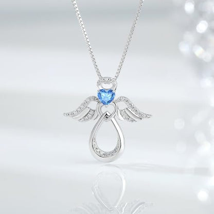 925 Sterling Silver Guardian Angel Pendant Necklace for Women with Birthstone Cubic Zirconia Little Angel Pendant Necklace Jewelry 18 inch Chain - color: 03-Mar-Aquamarine