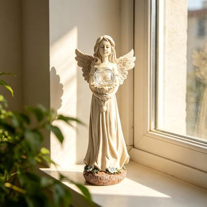 MUMTOP Angel Statues for Garden, White Solar Angels Statue for Cemetery | Lighted Yard Angel Statues Outside with Crackle Glass Ball LED Light,Resin Memorial Figurines Gifts for Women,lawn decoration