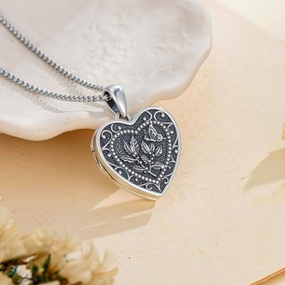 PELOVNY Birth Flower Locket Necklace for Women 925 Sterling Silver Flower Butterfly Heart Photo Locket Pendant Birthday Christmas Jewelry Gifts for Mom Daughter Wife Sister - color: 12-Holly