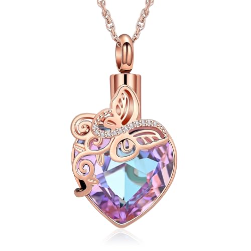 shajwo Butterfly Heart Urn Necklaces Cremation Jewelry for Ashes for Women Men Memorial Human Ashes Pendant - color: 1-Rose Gold-Purple