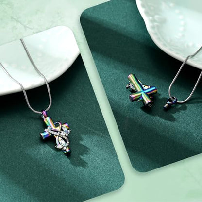 Butterfly Cross Cremation Jewelry Urn Necklaces Stainless Steel Cross Urn Necklaces for Ashes Memorial Keepsake Pendant for Women Gifts With Funnel Kit & Bag - color: Rainbow