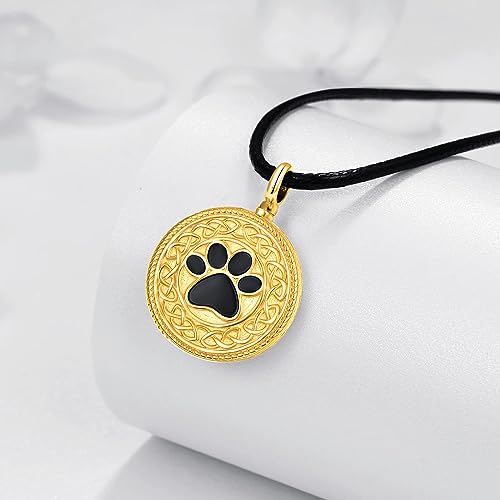Dreamboat Pet Urn Necklace for Dog Cat Ashes 925 Sterling Silver Paw Print Cremation Keepsake Pendant Celtic Knot Memorial Jewelry Gifts for Women Men - style: 01D-Round (Gold Personalized)