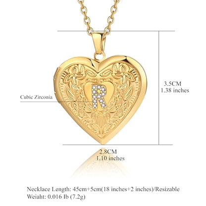 Badu Gold Initial A-Z Necklace for Women Heart Photo Lockets that Hold Picture Love Image Cubic Zirconia Necklace - color: R
