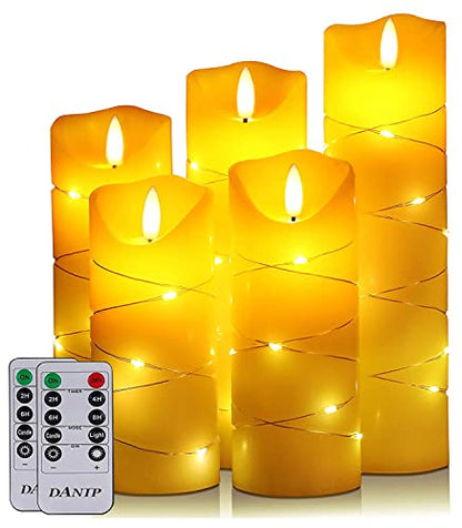 danip flameless Candle, with Embedded String Lights, 5-piece LED Candles, with 10-Key Remote Control, 24-Hour Timer Function, Dancing Flame, Real Wax, Battery-Powered. (Ivory White) - color: WhiteH#1*5