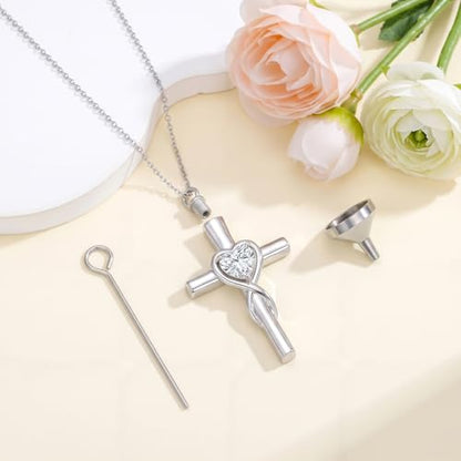 YYB Urn Necklace for Ashes Women Heart Birthstone Cross Cremation Jewelry | Memorial Keepsake Funeral Jewelry for Loved Ones (with Funnel Filler) - color: 04-Apr-CZ.