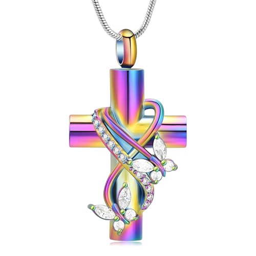 Butterfly Cross Cremation Jewelry Urn Necklaces Stainless Steel Cross Urn Necklaces for Ashes Memorial Keepsake Pendant for Women Gifts With Funnel Kit & Bag - color: Rainbow