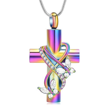 Butterfly Cross Cremation Jewelry Urn Necklaces Stainless Steel Cross Urn Necklaces for Ashes Memorial Keepsake Pendant for Women Gifts With Funnel Kit & Bag - color: Rainbow