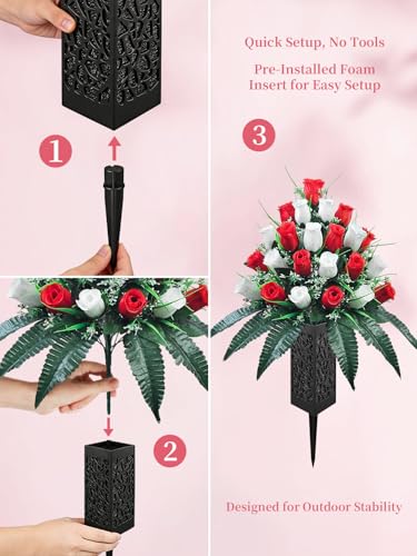 Mirevielyn 2-Pack 24-Stem Artificial Rose Cemetery Flowers with Vases - color: Red & White