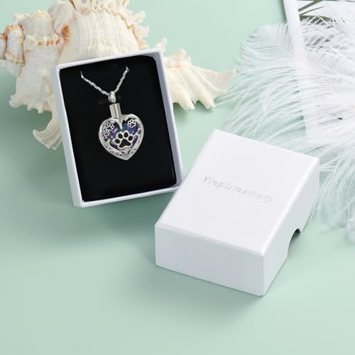 Yinplsmemory Pet Urn Necklace Pendant Jewelry for Dog Cat Memorial Crystal Heart Cremation Jewelry with Paw Print Ashes Keepsake Funeral Jewelry - color: Silver-purple