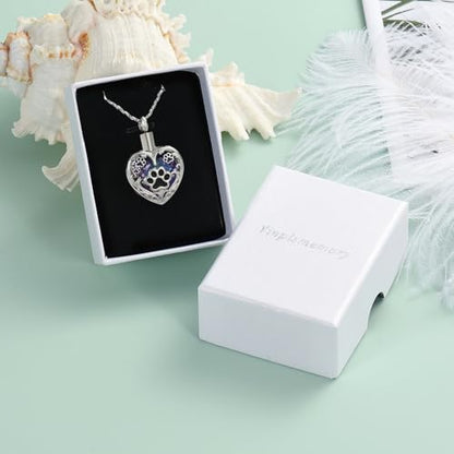 Yinplsmemory Pet Urn Necklace Pendant Jewelry for Dog Cat Memorial Crystal Heart Cremation Jewelry with Paw Print Ashes Keepsake Funeral Jewelry - color: Silver-purple