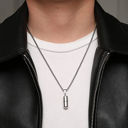 STWTR Stainless Steel Cylindrical Souvenir Capsule Pill Pendant Necklace, Cremated Ashes Pill Container Necklace - color: Silver