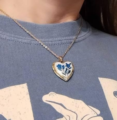 Handmade Dried Pressed Flower Heart Shaped Photo Locket Pendant Necklace - color: Silver, style: Customized pattern with photo