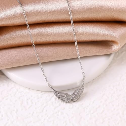 Silver/Gold Plated Angel Wing Pendant Necklace for Women Men | 18K Gold Guardian Angel Wings Feather Necklace Stainless Steel Simple Minimalist Necklaces Birthday Christmas Jewelry Gifts - color: Silver