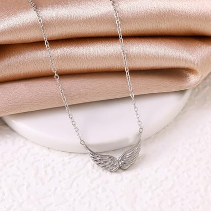 Silver/Gold Plated Angel Wing Pendant Necklace for Women Men | 18K Gold Guardian Angel Wings Feather Necklace Stainless Steel Simple Minimalist Necklaces Birthday Christmas Jewelry Gifts - color: Silver