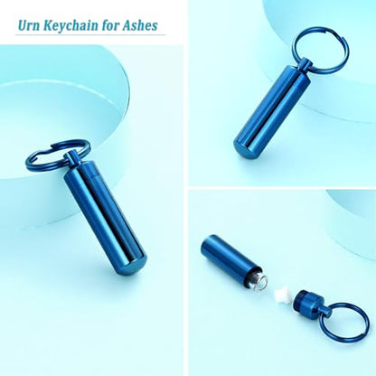 Cylinder Urn Necklace for Ashes with Glass Vials Cremation Jewelry Stainless Steel Ash Holder Keepsake Memorial Jewelry with Fill Tool - color: Keychain Blue