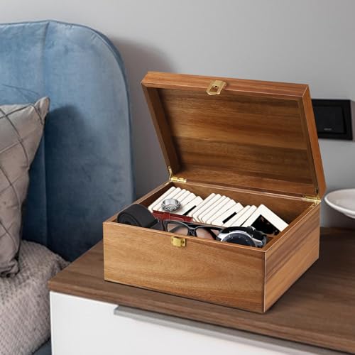 Wooden Keepsake Box, Large Acacia Decorative Storage Boxes | with a Hinged Lid, Memory Treasure Box with Dividers for Crafts and Photo Storage