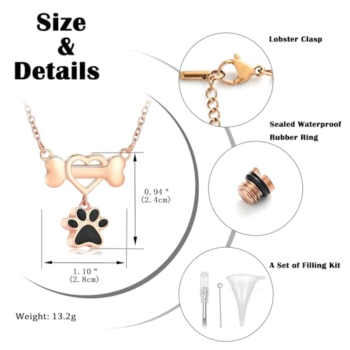 constantlife Paw Print & Bone Pendant Urn Necklace for Pet Ashes | Mini cremation jewelry, stainless steel material, for women men dog lovers, waterproof, with a filling tool kit - color: Rose gold