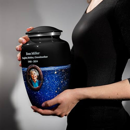 Blue Galaxy Photo Urn for Human Ashes – Personalized Cremation Tribute with Portrait, Name & Dates, Starry Sky Memorial Keepsake, Made in USA (Large) - size: Large