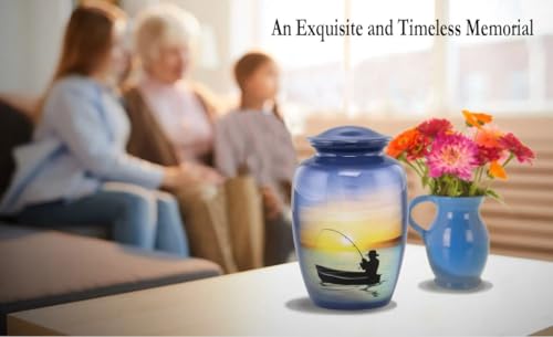 Fishing Urn - Full Size Gone Fishing Cremation Urn - Adult Urns for Men and Women – Fisherman Funeral and Memorial Urns for Human Ashes Upto 210 Lbs with Velvet Bag (Large)