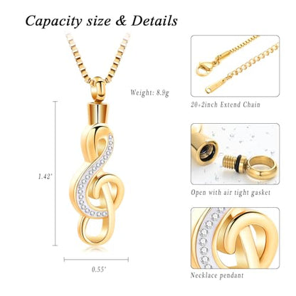 XSMZB Cremation Jewelry Crystal Music Note Urn Necklace for Ashes Stainless Steel Necklace Urn Cremation Memorial Ashes Holder Keepsake Pendant Locket - color: Gold