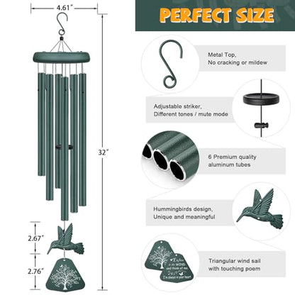 Sympathy Wind Chimes for Outside Deep Tone, Memorial Wind Chimes for Loss of Loved One Prime, Bereavement Condolence Remembrance Funeral Gifts for Grieving Friends Loss of Mother Father - size: D-Dark Green Hummingbird
