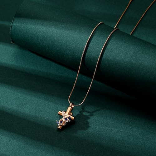 Butterfly Cross Cremation Jewelry Urn Necklaces Stainless Steel Cross Urn Necklaces for Ashes Memorial Keepsake Pendant for Women Gifts With Funnel Kit & Bag - color: Rose+Blue