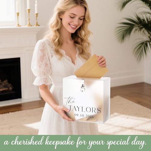Novabright 10 Inches Wedding Acrylic Card Box with Slot and Last Name Transfers Money Box for Bridal Shower Wedding, Baby Shower Birthday Party, No Assembly Needed(Frosted,Classic Style) - color: Frosted, style: Classic Style