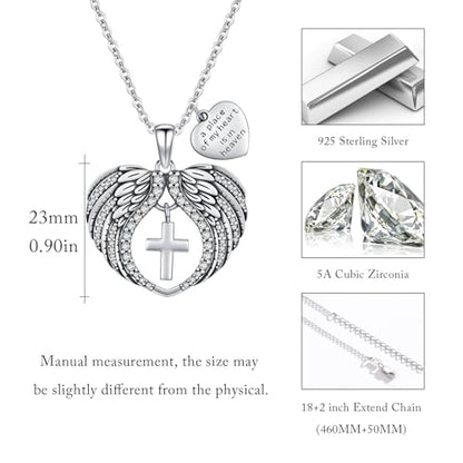 TUGHRA Memorial Necklace for Women Men, Angel Wings Heart Pendant 925 Sterling Silver A Piece of My Heart Is In Heaven Charm Necklace Sympathy Gift - style: 03-Cross Angel Wings