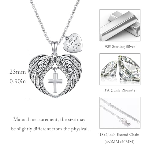 TUGHRA Memorial Necklace for Women Men, Angel Wings Heart Pendant 925 Sterling Silver A Piece of My Heart Is In Heaven Charm Necklace Sympathy Gift - style: 03-Cross Angel Wings