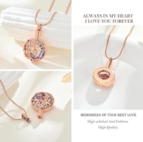 zeqingjw Pet Cremation Jewelry Tree of Life Urn Necklace for Ashes for Dog/Cat Funeral Ashes Keepsake Paw Print Urn Pendant Memorial Jewellery - color: Rose Gold-Purple