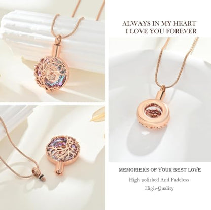 zeqingjw Pet Cremation Jewelry Tree of Life Urn Necklace for Ashes for Dog/Cat Funeral Ashes Keepsake Paw Print Urn Pendant Memorial Jewellery - color: Rose Gold-Purple