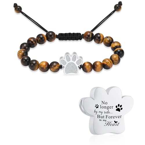 constantlife Cremation Bracelet for Ashes Stainless Steel Paw Print Urn Jewelry Braided Rope Adjustable Bangle Keepsake Pet Dog Cat Ash Holder Memorial Gift for Women Men - color: Tiger Stone-Silver