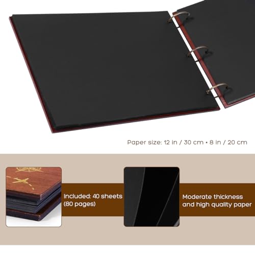 Partykindom Wooden Scrapbook Photo Album, 12x8 Inch Diy Memory Book with 40 Black Pages and 6 Corner Stickers, Ideal for Anniversaries, Weddings, Birthdays, and Special Moments
