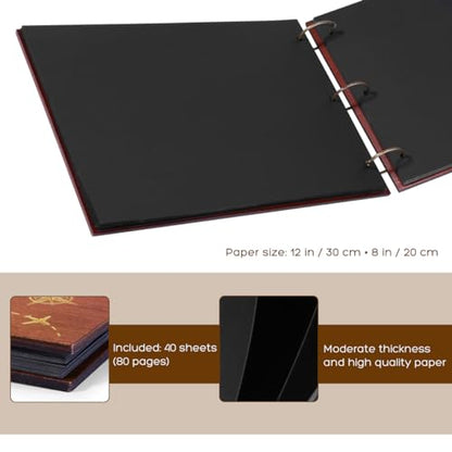 Partykindom Wooden Scrapbook Photo Album, 12x8 Inch Diy Memory Book with 40 Black Pages and 6 Corner Stickers, Ideal for Anniversaries, Weddings, Birthdays, and Special Moments
