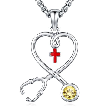 Angel Wings Necklace 925 Sterling Silver Guardian Angel Nurse RN Caduceus Pendant Charm Crystal Angel Jewelry Gifts for Women - style: H-Stethoscope-11-Nov.-Citrine