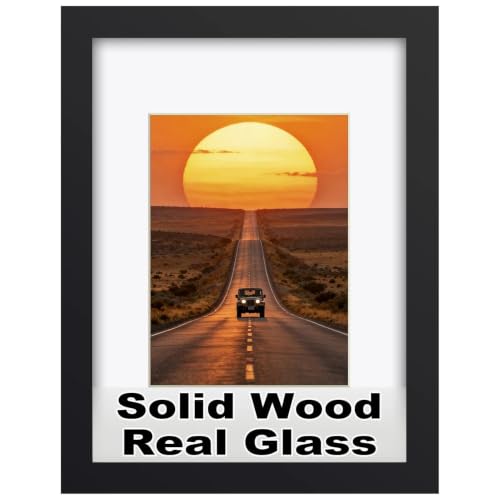 RPJC 9x12 Solid Wood Picture Frame Real Glass Cover Black - color: Black, size: 9x12 mat 6x8