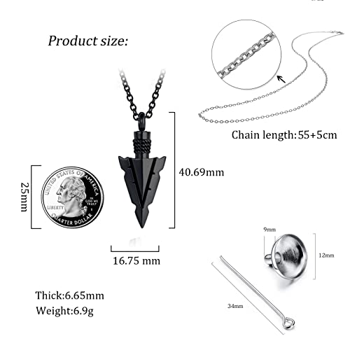 Spearpoint Arrowhead Urn Neckalce for Ashes Tribal Ash Holder Cremation Keepsakes Memorial Pendant Jewelry - color: Black