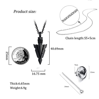 Spearpoint Arrowhead Urn Neckalce for Ashes Tribal Ash Holder Cremation Keepsakes Memorial Pendant Jewelry - color: Black